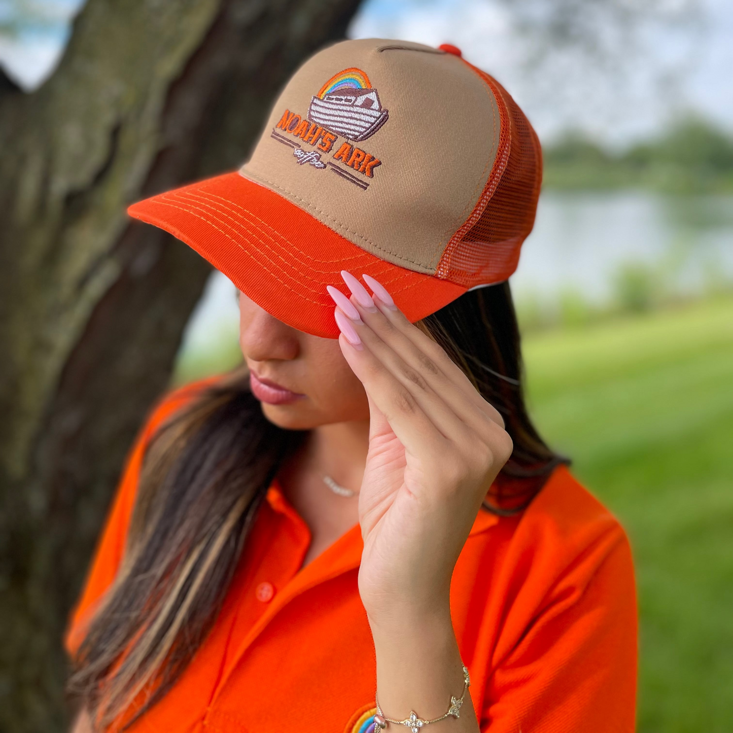 Noah’s Ark Coffee Trucker Mesh Snapback Hat - Orange & Beige